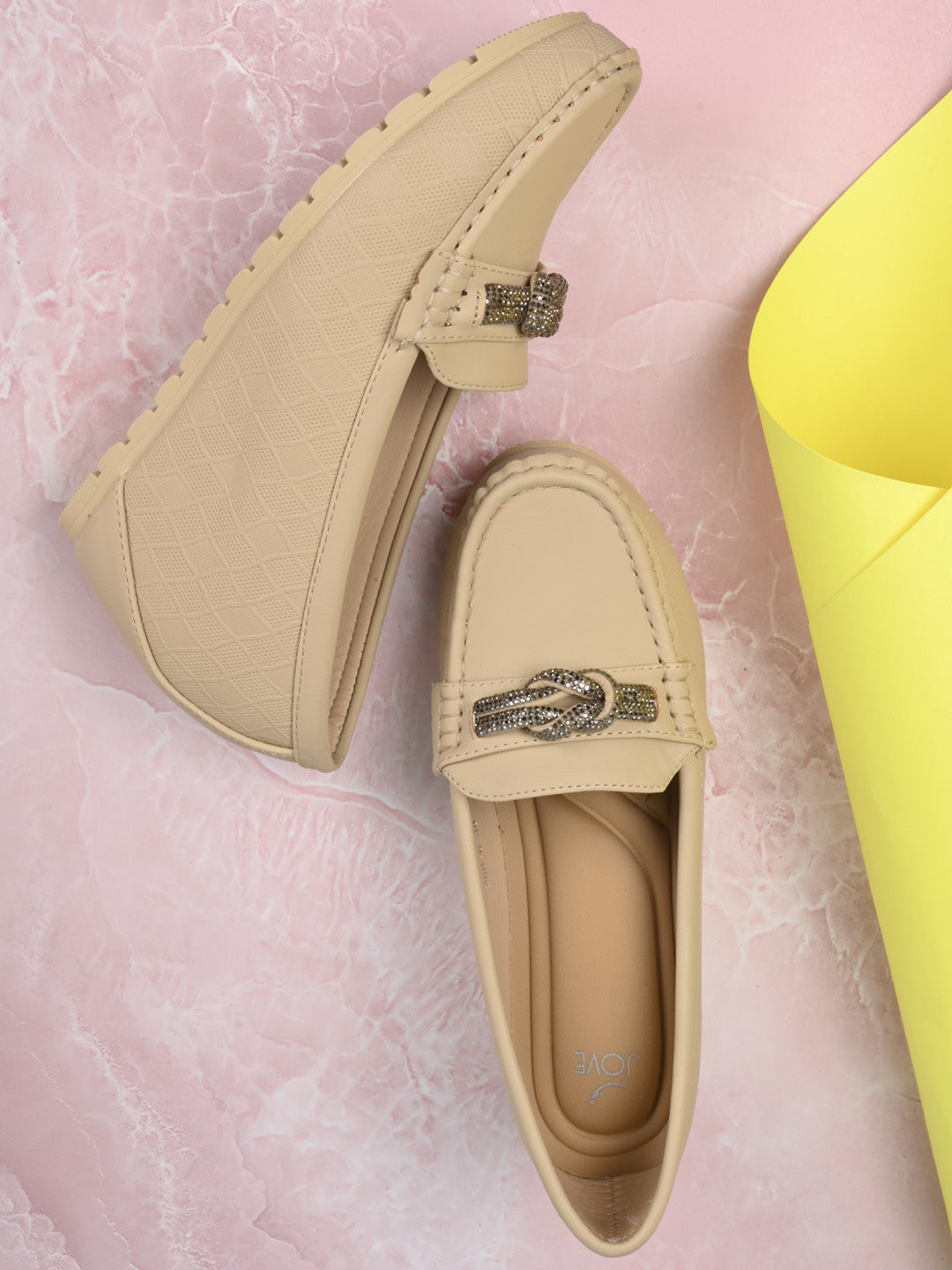 Women Beige Western Embellished Wedge Heel Loafers