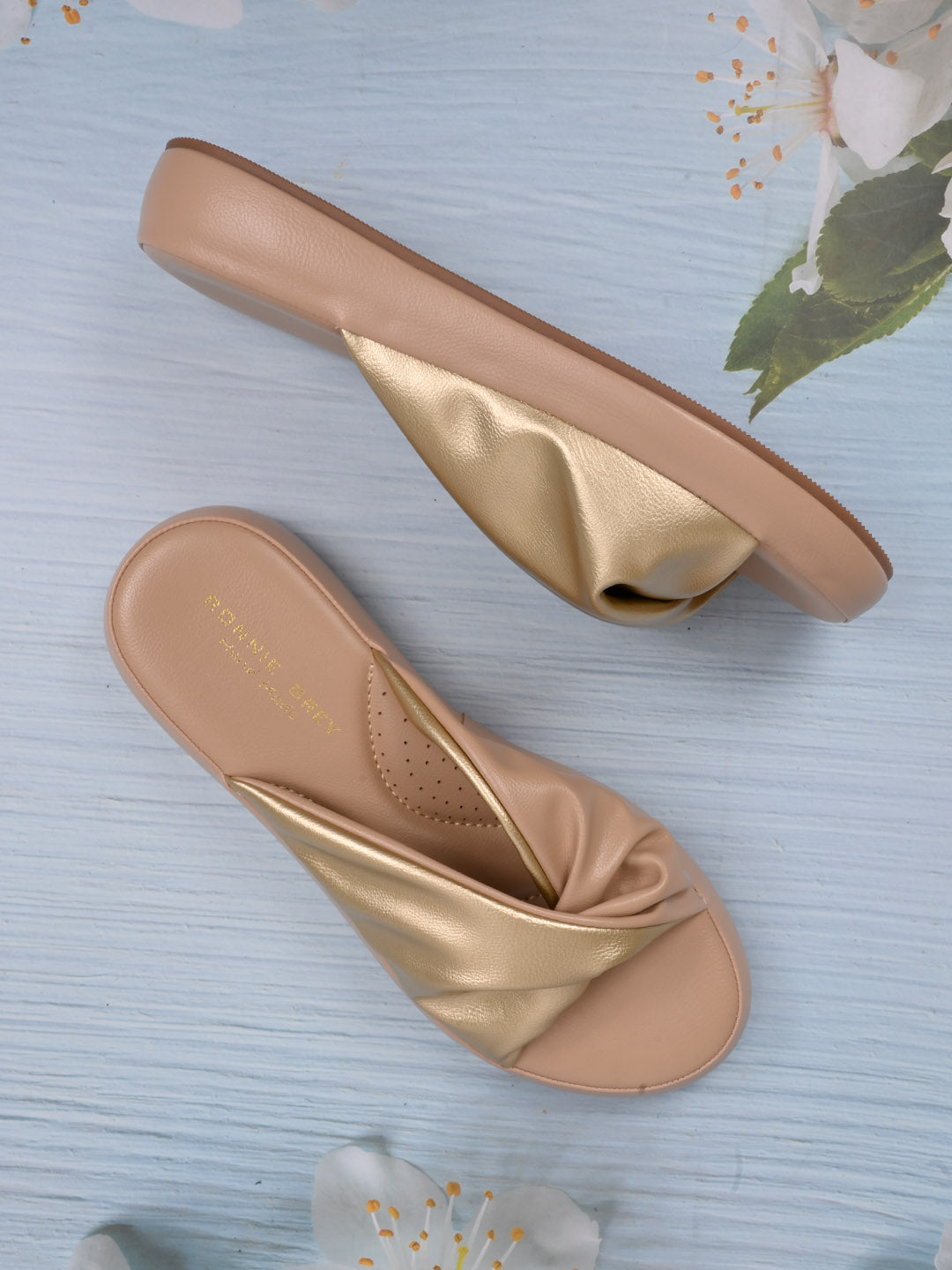 Women Beige Gold Solid Open Toe Flats – ShoeTree