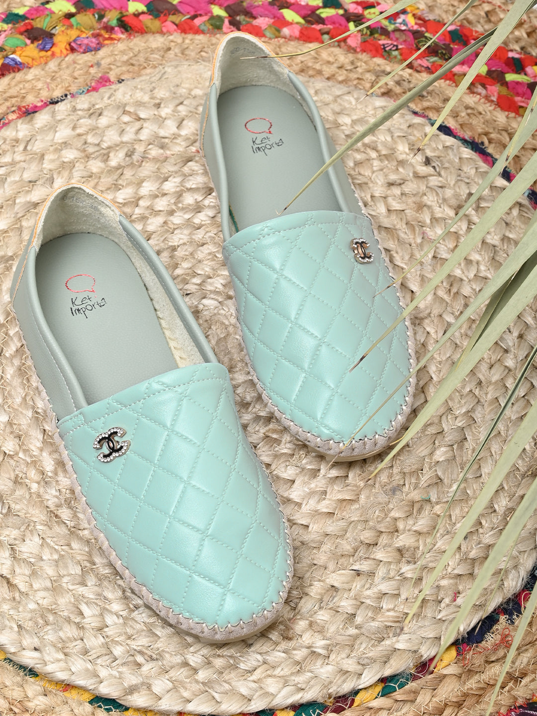 Women Aqua Checked Loafers - Main Image