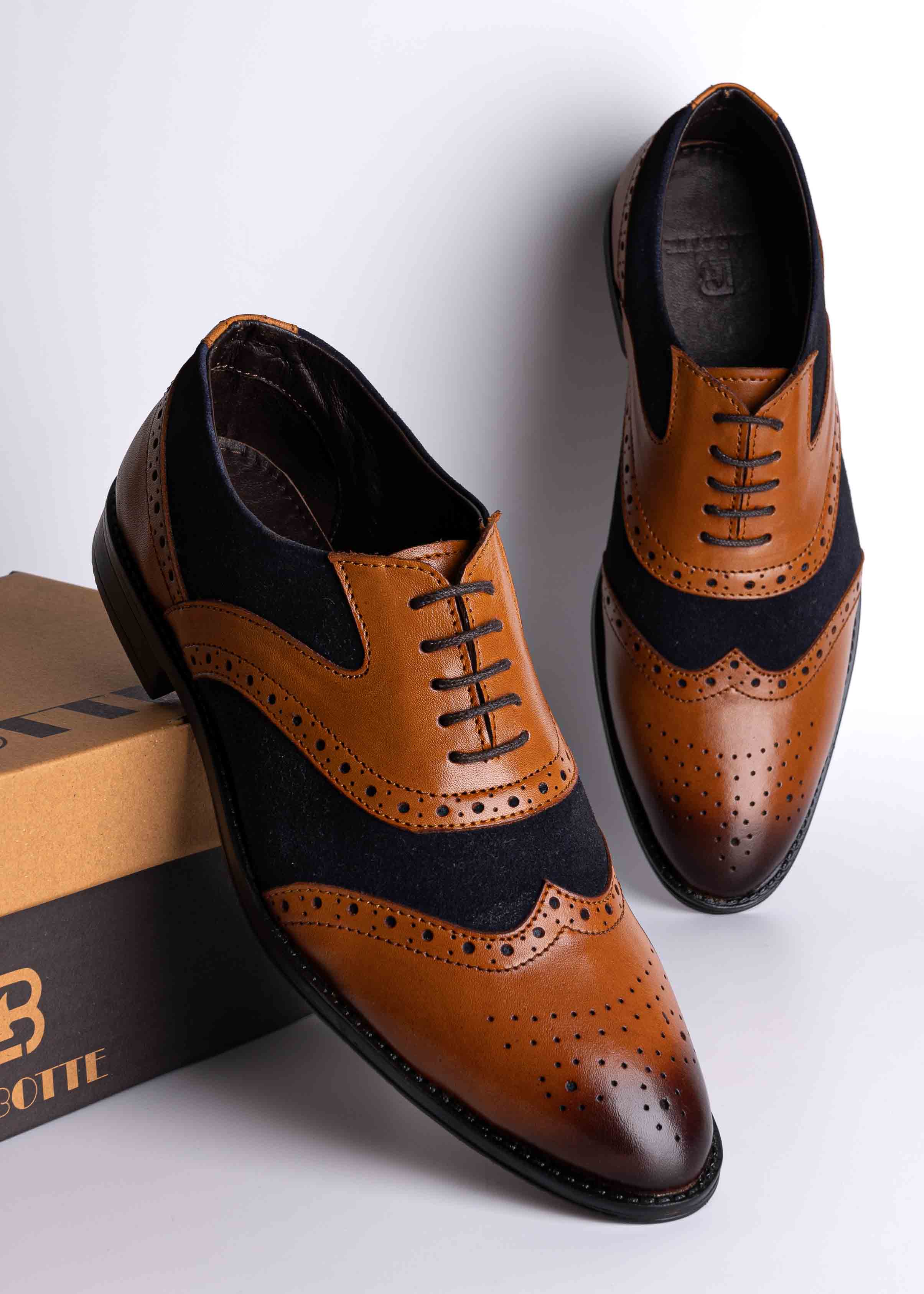 Men Tan Perforated Oxford Shoes - Main Image