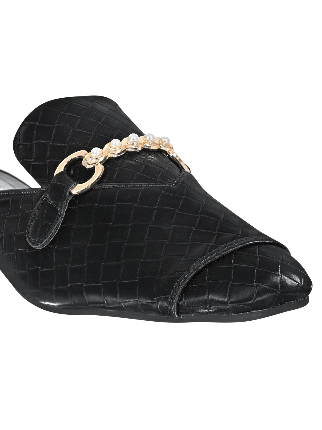 Women Black Basket Weave Textured Mules