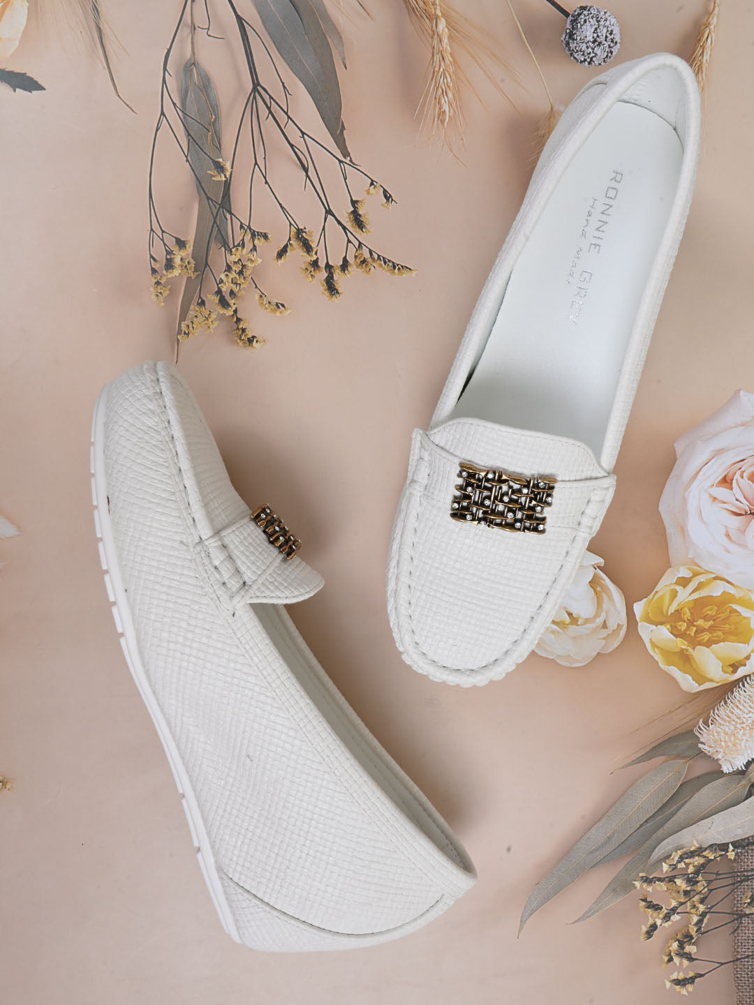 Women White Textured Wedge Heel Loafers - Main Image