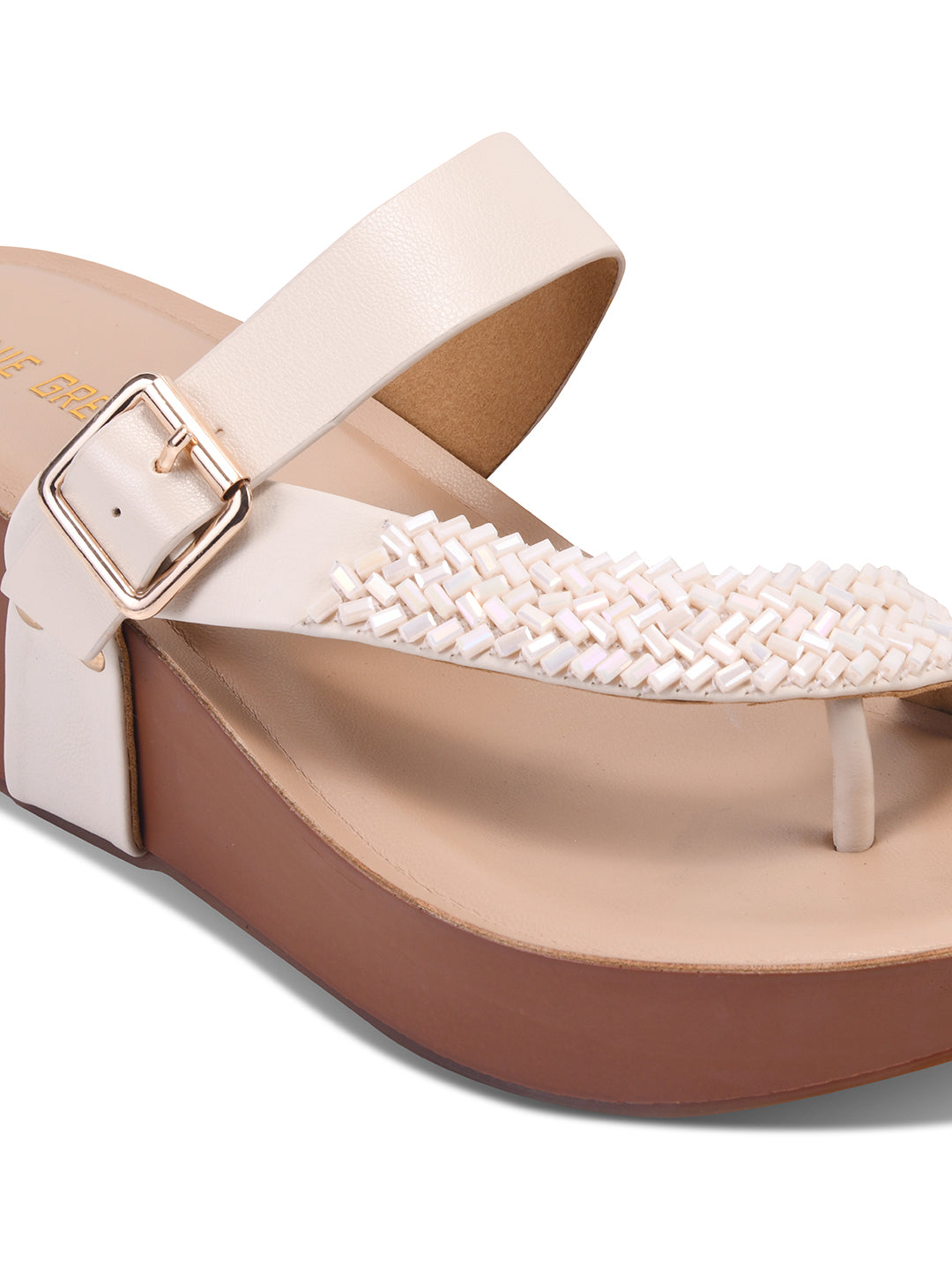 Women Off White Embellished Wedges