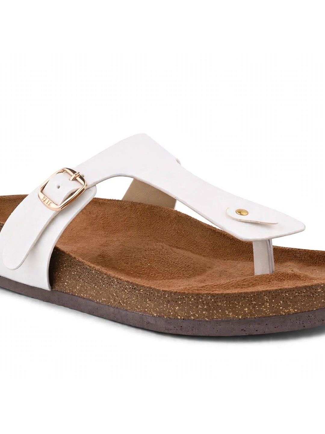 Women White Solid T-Strap Flats