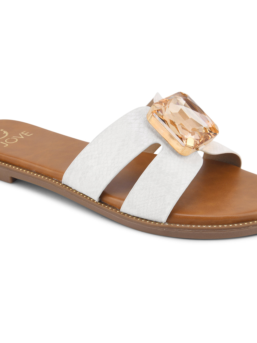 Women White Embellished Open Toe Flats