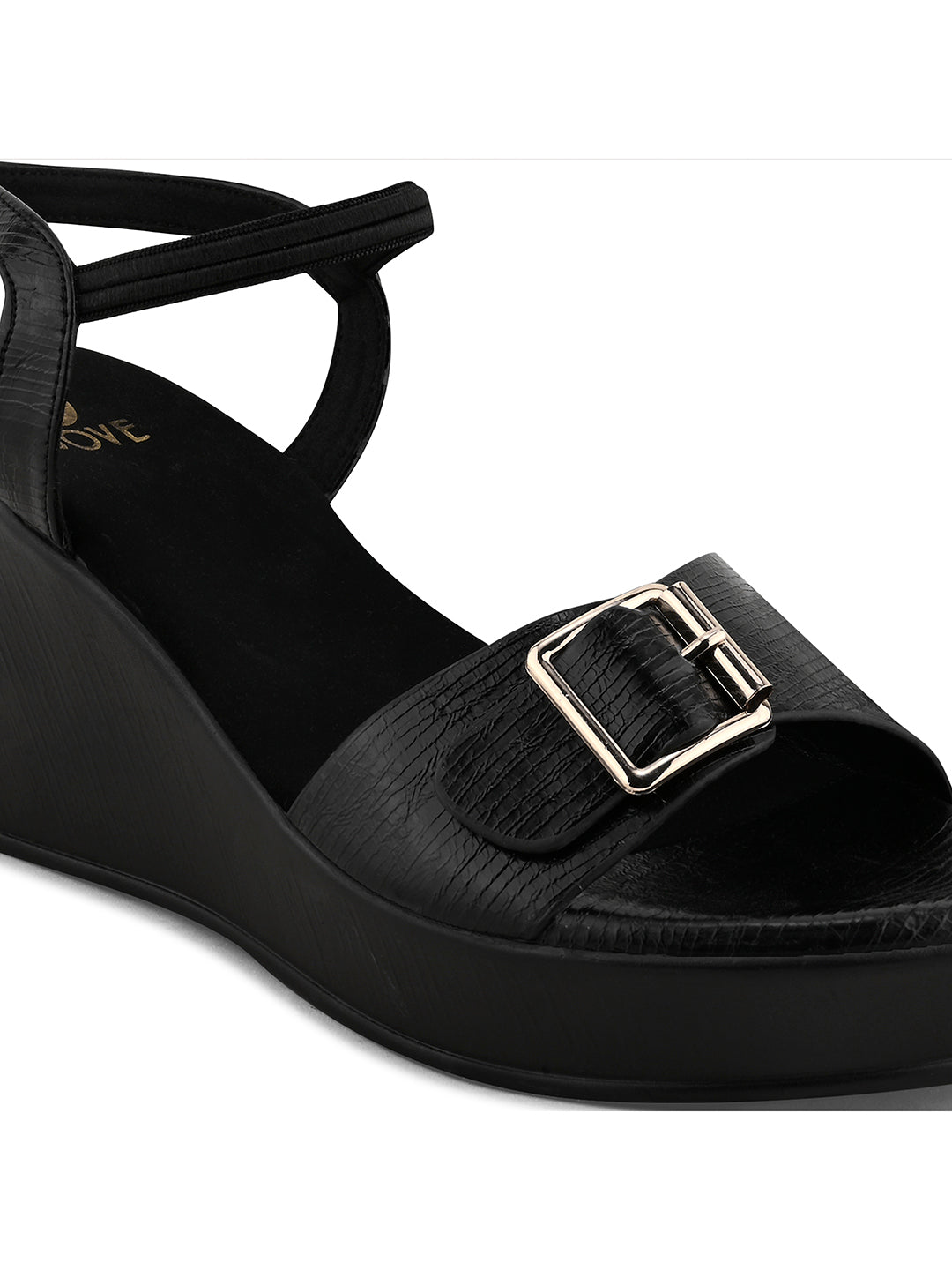 Women Black Textured Wedges