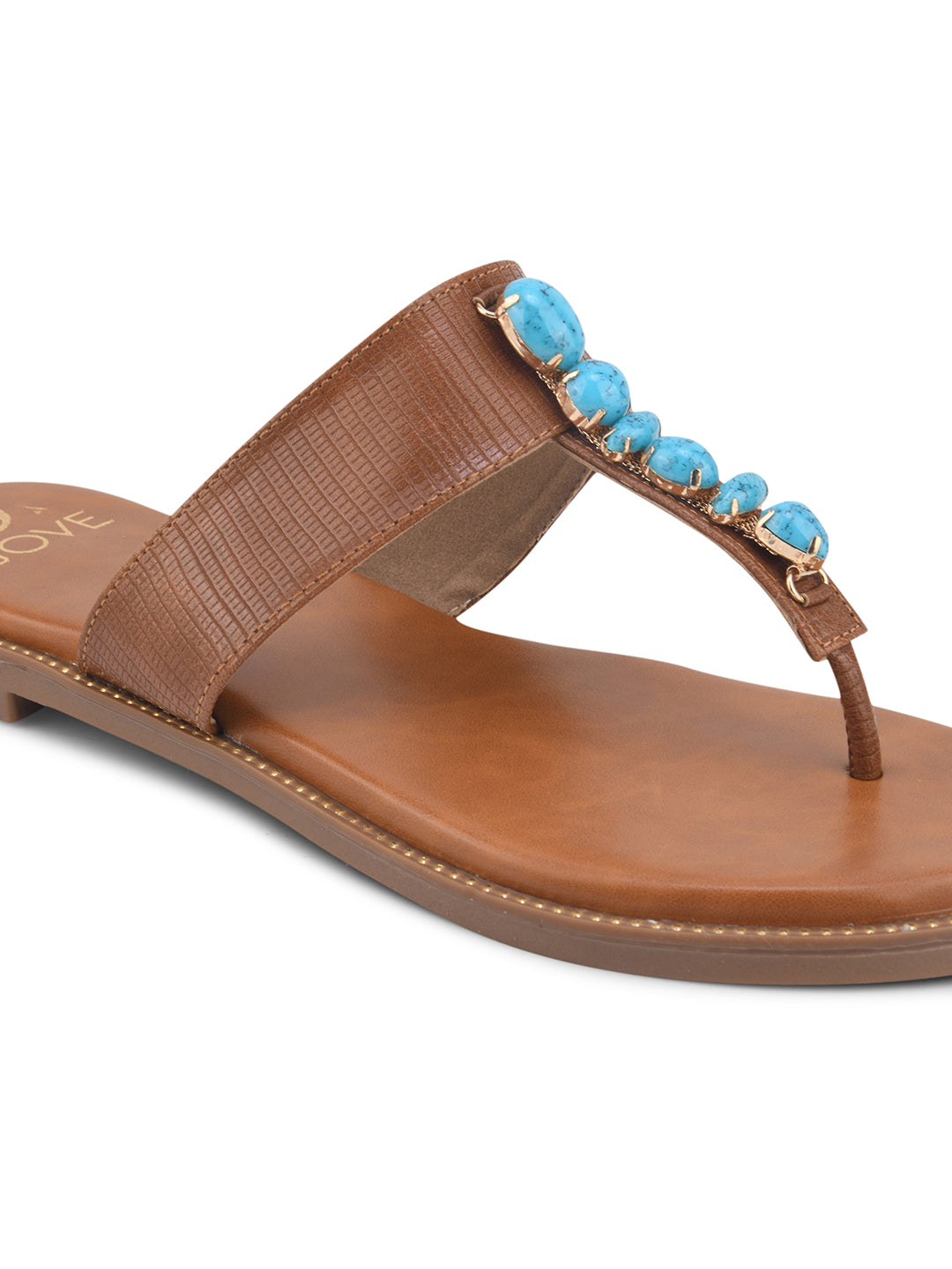 Women Tan Textured Embellished T-Straps Flats