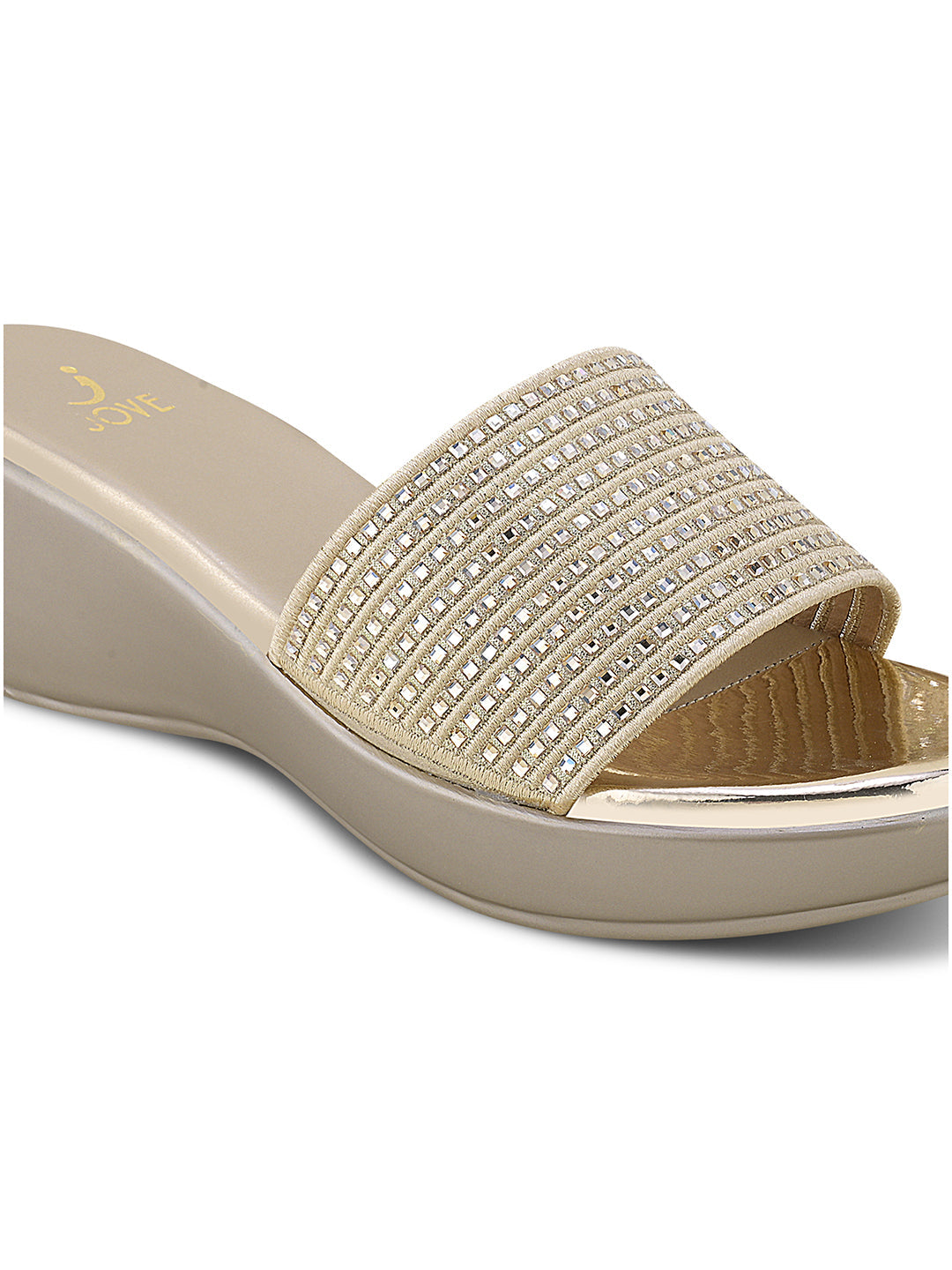Women Gold Striped Embellished Wedges