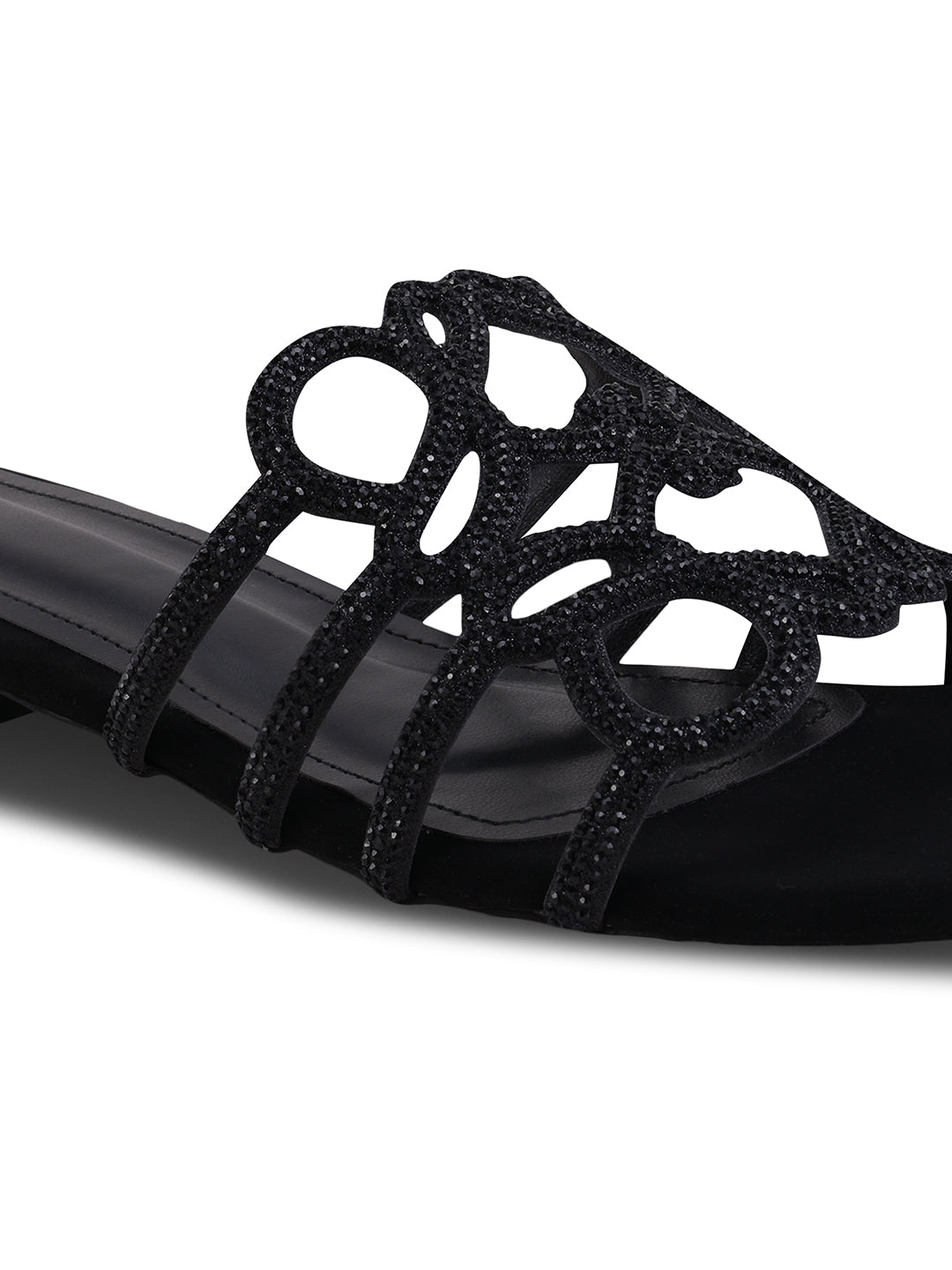 Women Black Embellished Open Toe Flats
