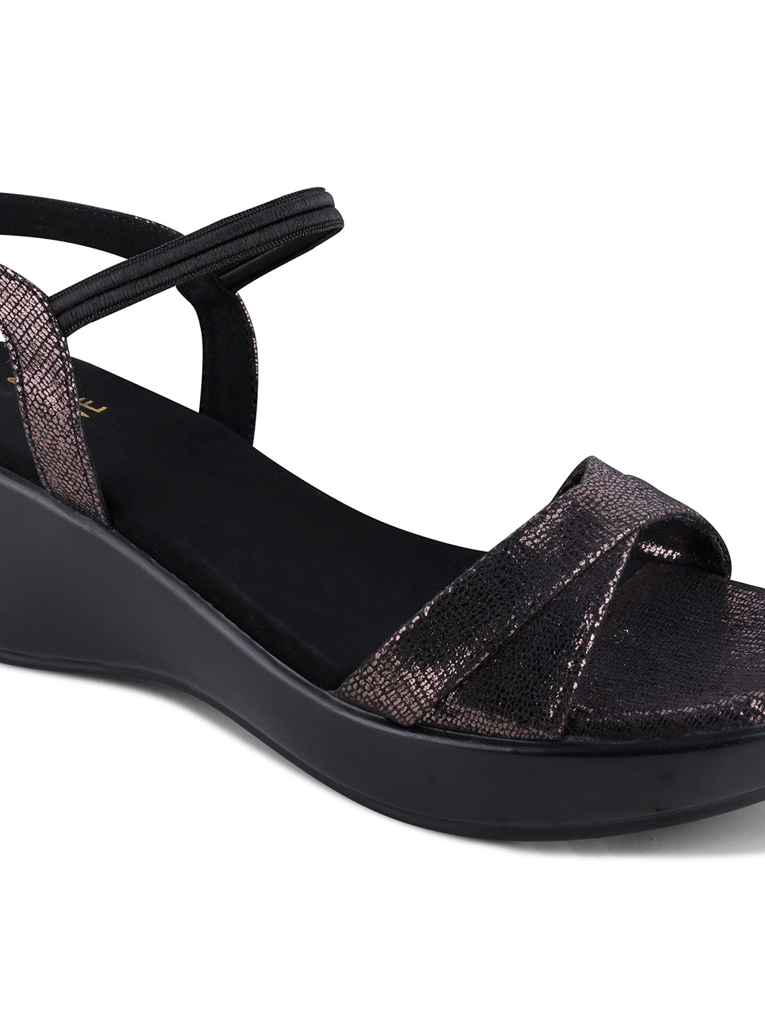 Women Black Textured Metallic Sandals