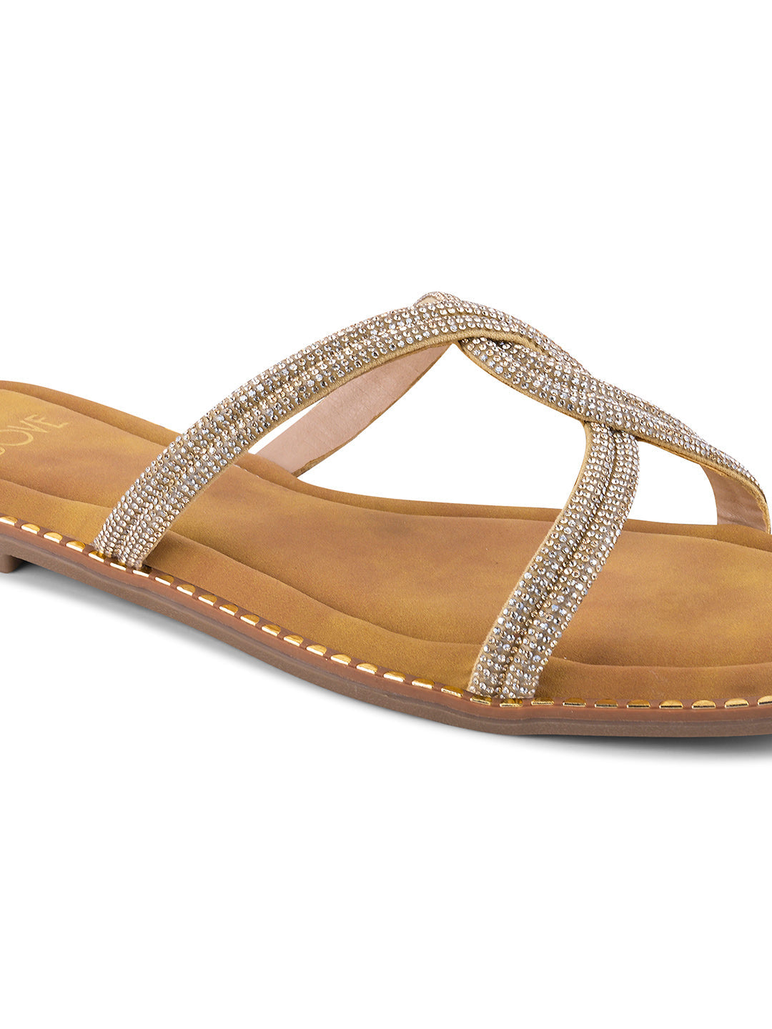 Women Gold Embellished Open Toe Flats