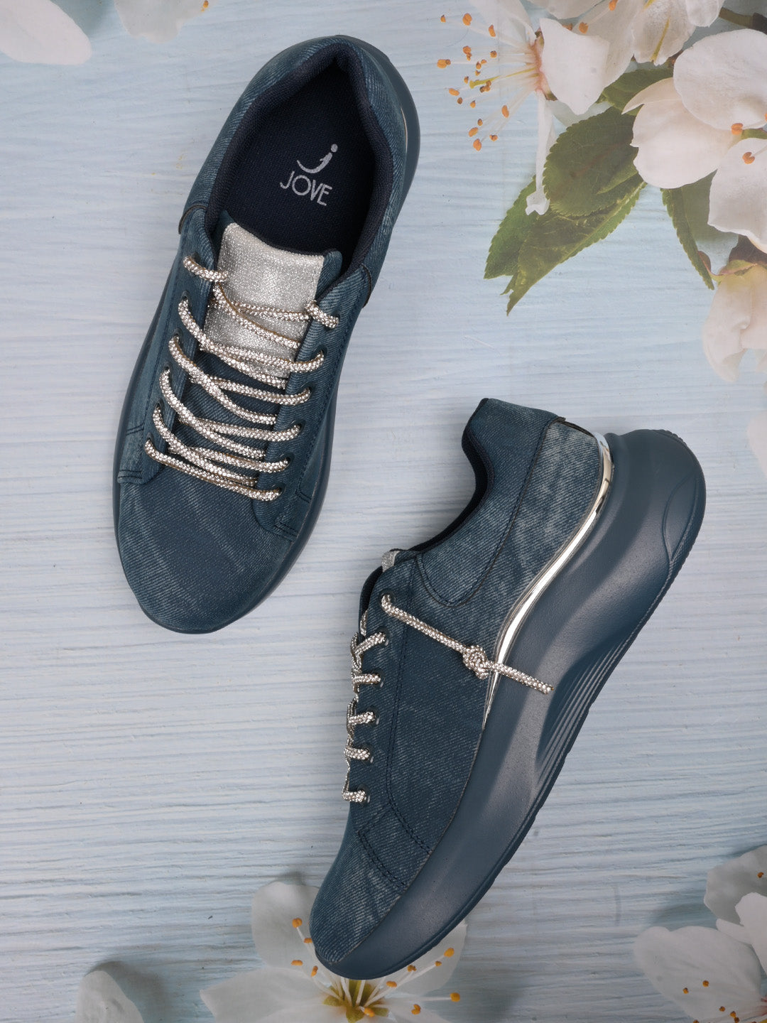 Women Blue Embellished Lace Sneakers – ShoeTree1