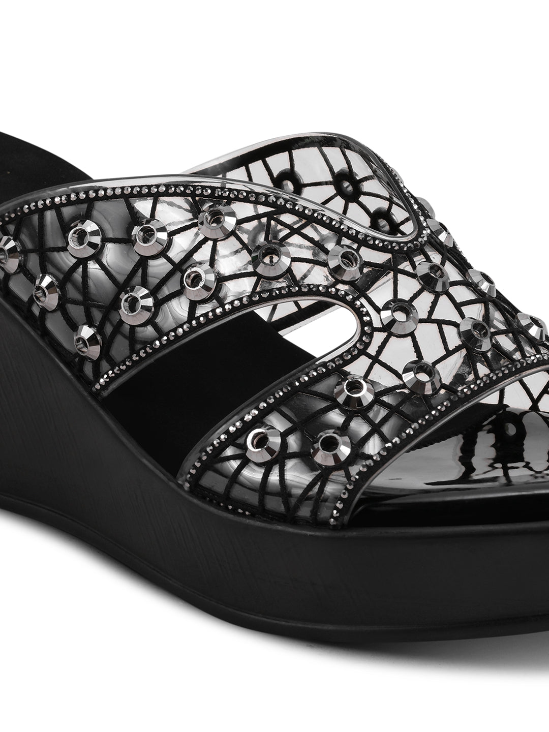 Women Black Embellished Wedges