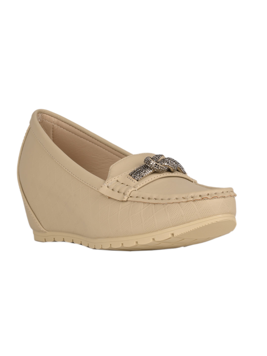 Women Beige Western Embellished Wedge Heel Loafers Beige 36