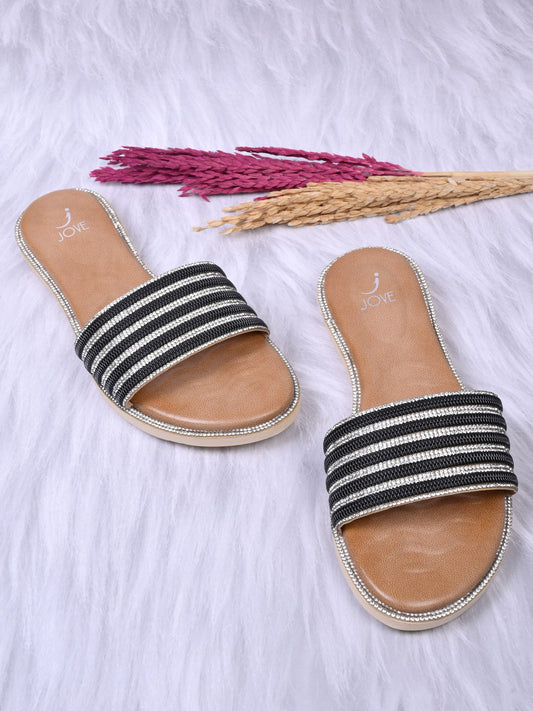 Women, Women Footwear, Black Open Toe Flats