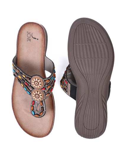 Women, Women Footwear, Black T-Strap Flats