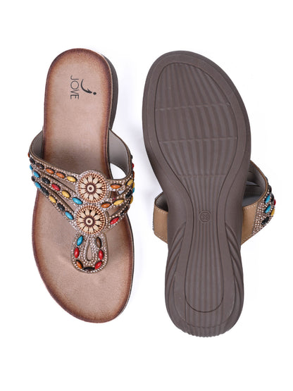 Women, Women Footwear, Brown T-Strap Flats