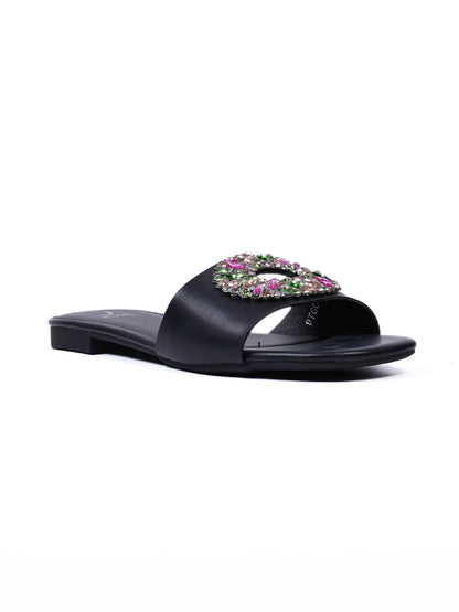 Women, Women Footwear, Black Open Toe Flats