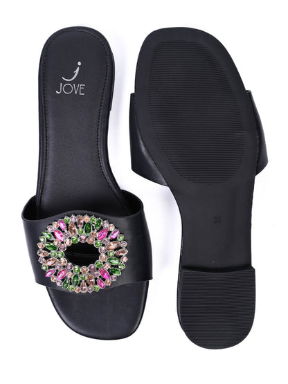 Women, Women Footwear, Black Open Toe Flats