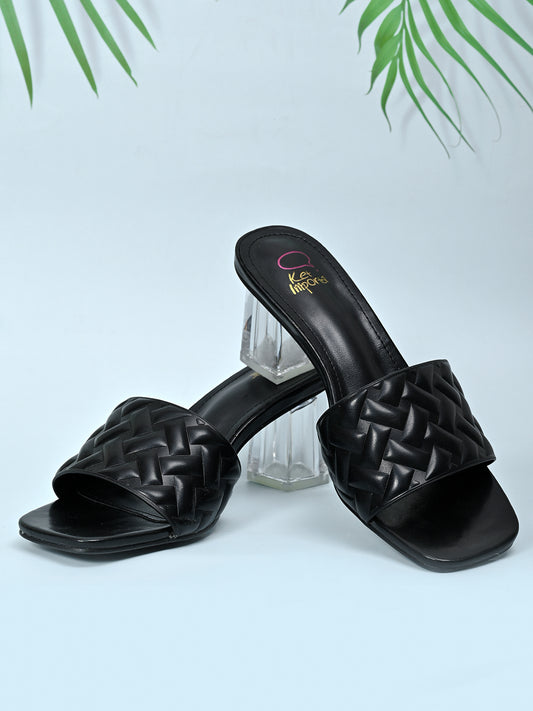Women Black Basket Weave Textured Sandals