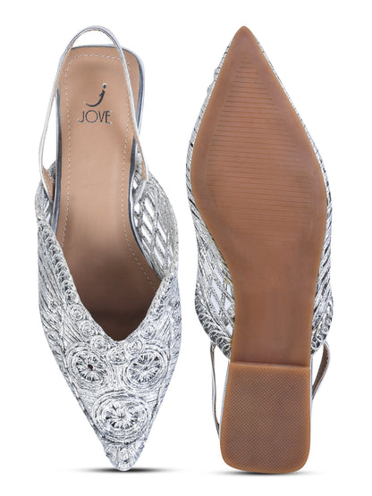 Women Silver Metallic Woven Mules