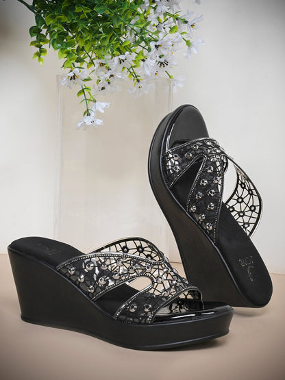 Women, Women Footwear, Black Wedges