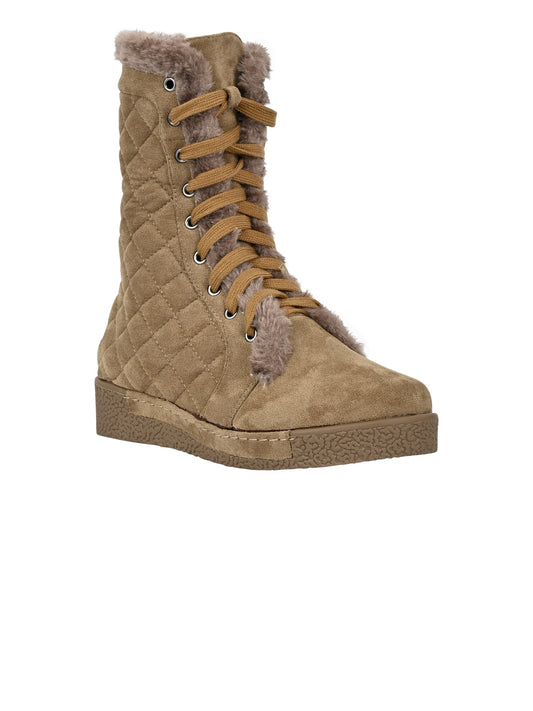 Women Khaki Checked Mid-Top Boots