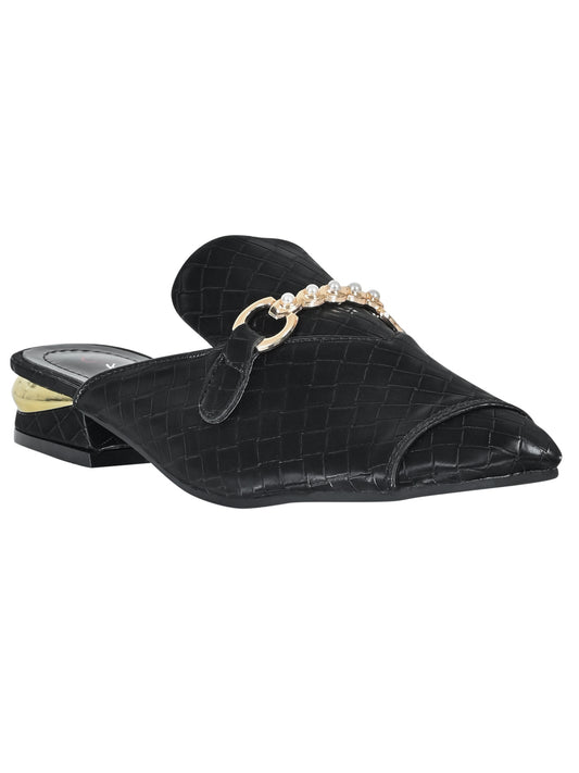 Women Black Basket Weave Textured Mules