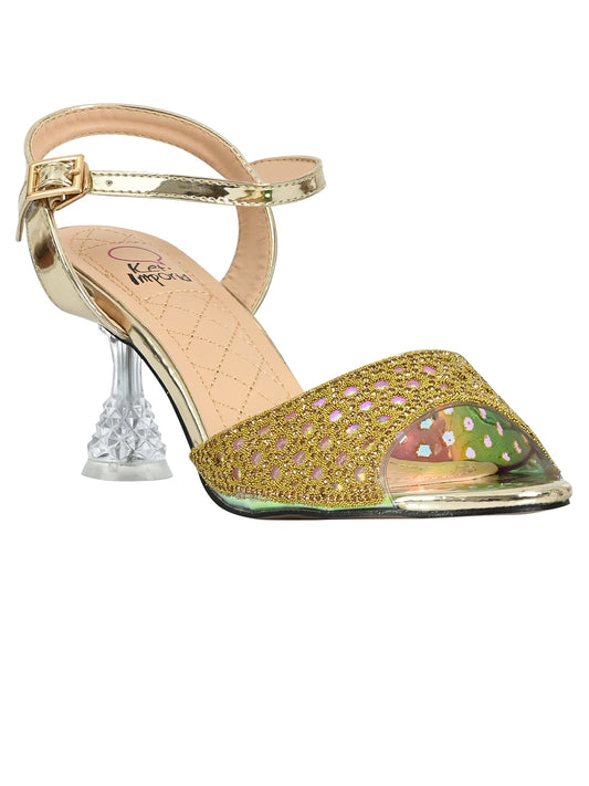 Women Golden Embellished Ankle Loop Sandals