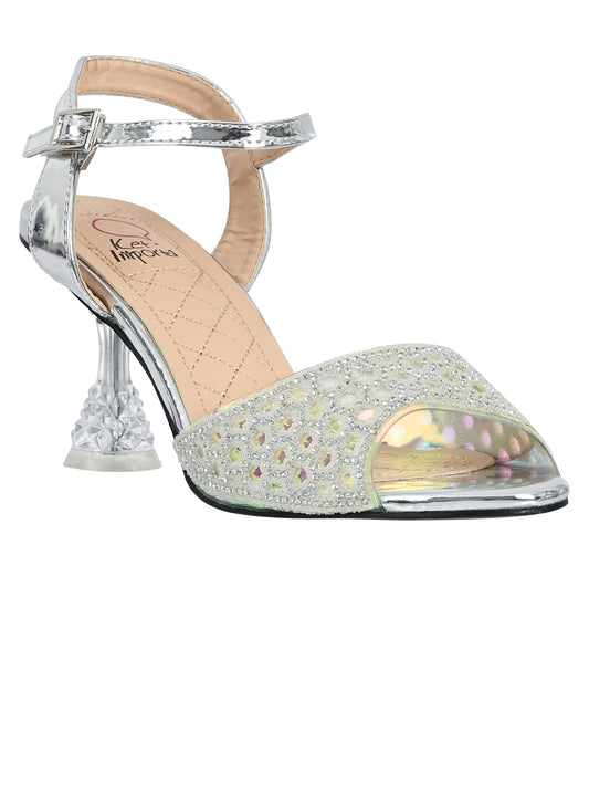 Women Silver Embellished Ankle Loop Sandals