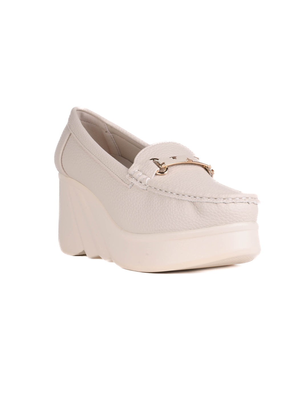 Women Off White Textured Wedge Heel Loafers