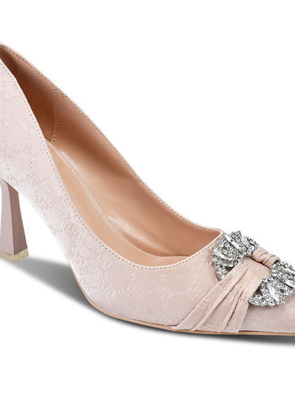 Women Champagne Textured Embellished Pumps