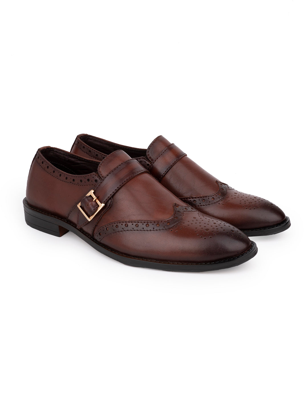 Men Brown Perforated Monk Formal Shoes