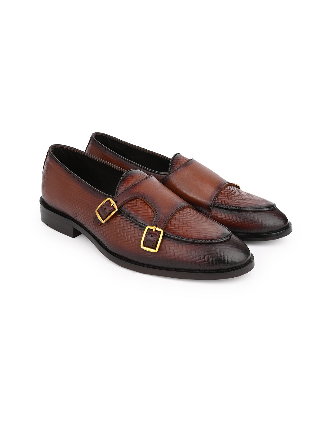 Men Brown Woven Design Monk Shoes