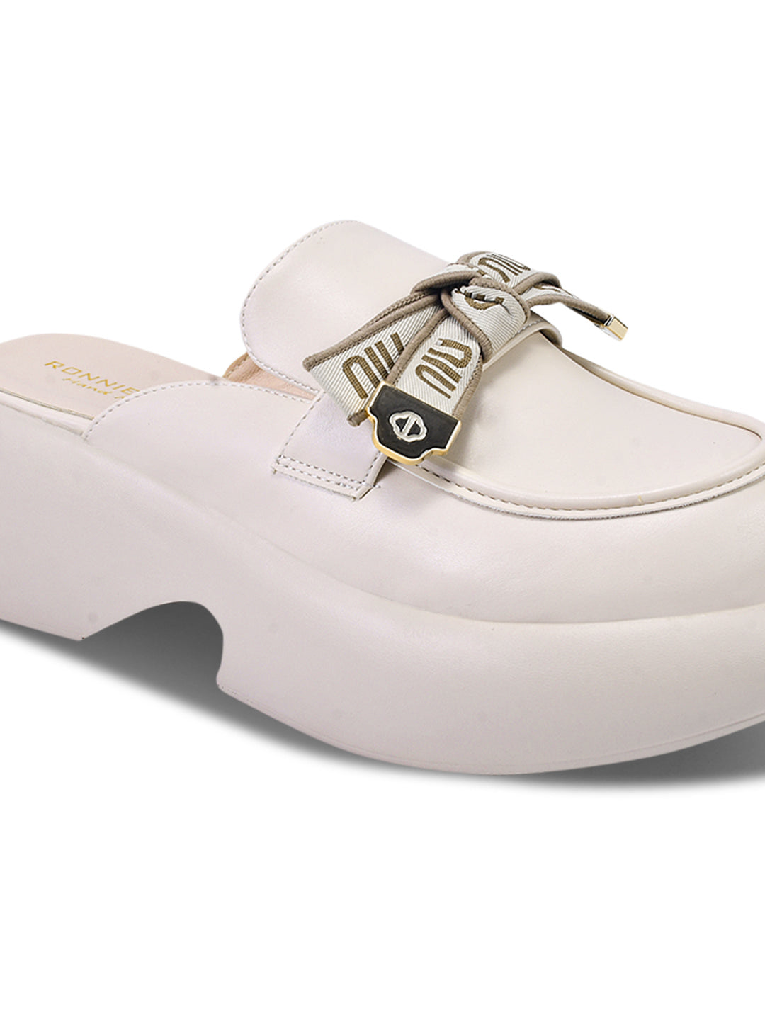 Women Off White Solid Bow Mules