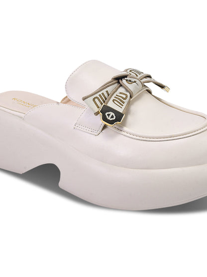 Women Off White Solid Bow Mules