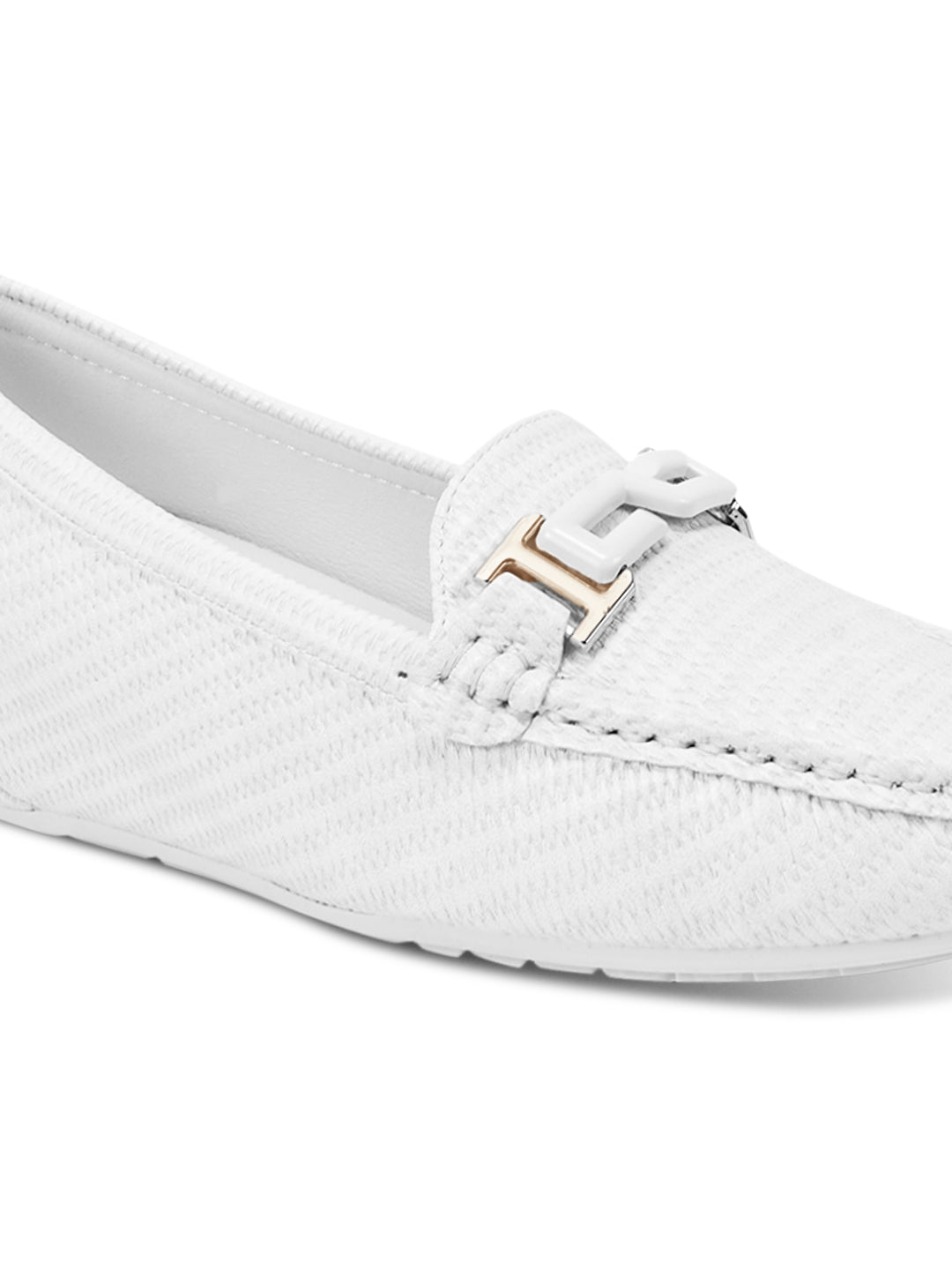 Women Off White Textured Wedge Heel Loafers
