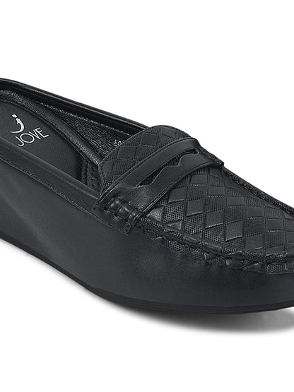 Women Black Basket Weave Textured Wedge Heel Loafers