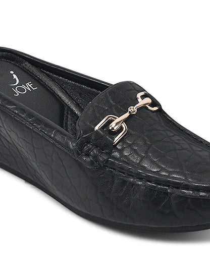 Women Black Textured Wedge Heel Loafers