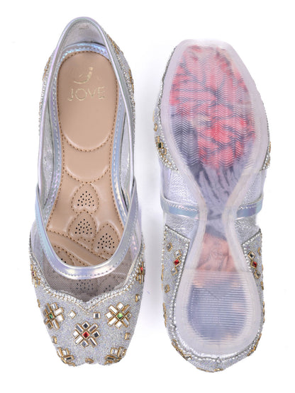 Women, Women Footwear, Silver Mojaris