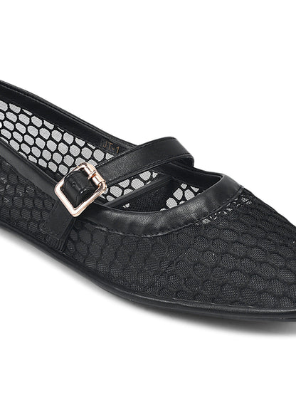 Women Black Solid Mesh Ballerinas