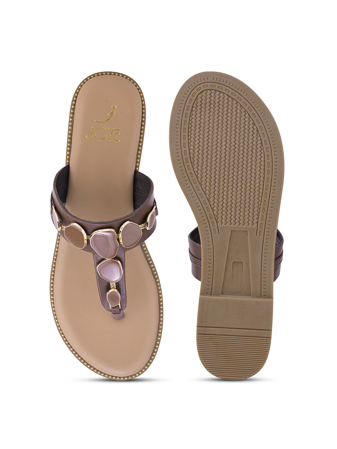 Women, Women Footwear, Brown T-Strap Flats