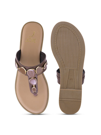 Women, Women Footwear, Brown T-Strap Flats