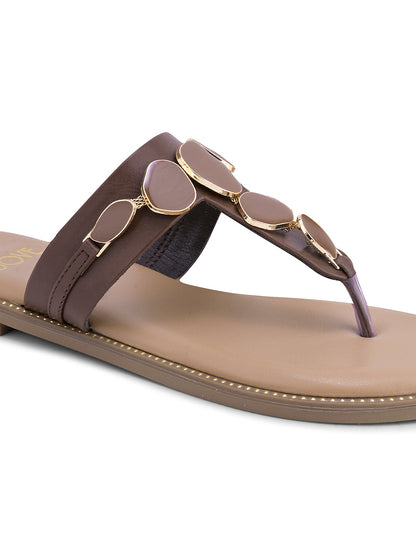 Women Brown Western Embellished T-Strap Flats