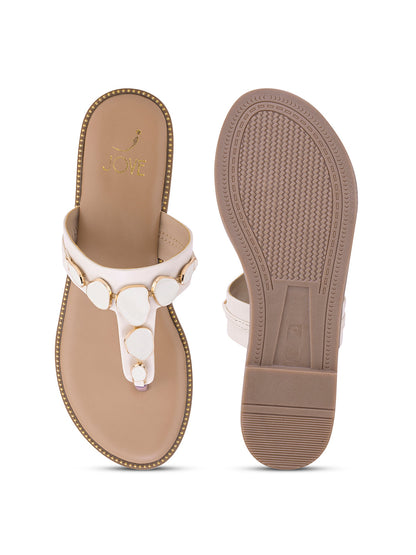 Women, Women Footwear, Cream T-Strap Flats