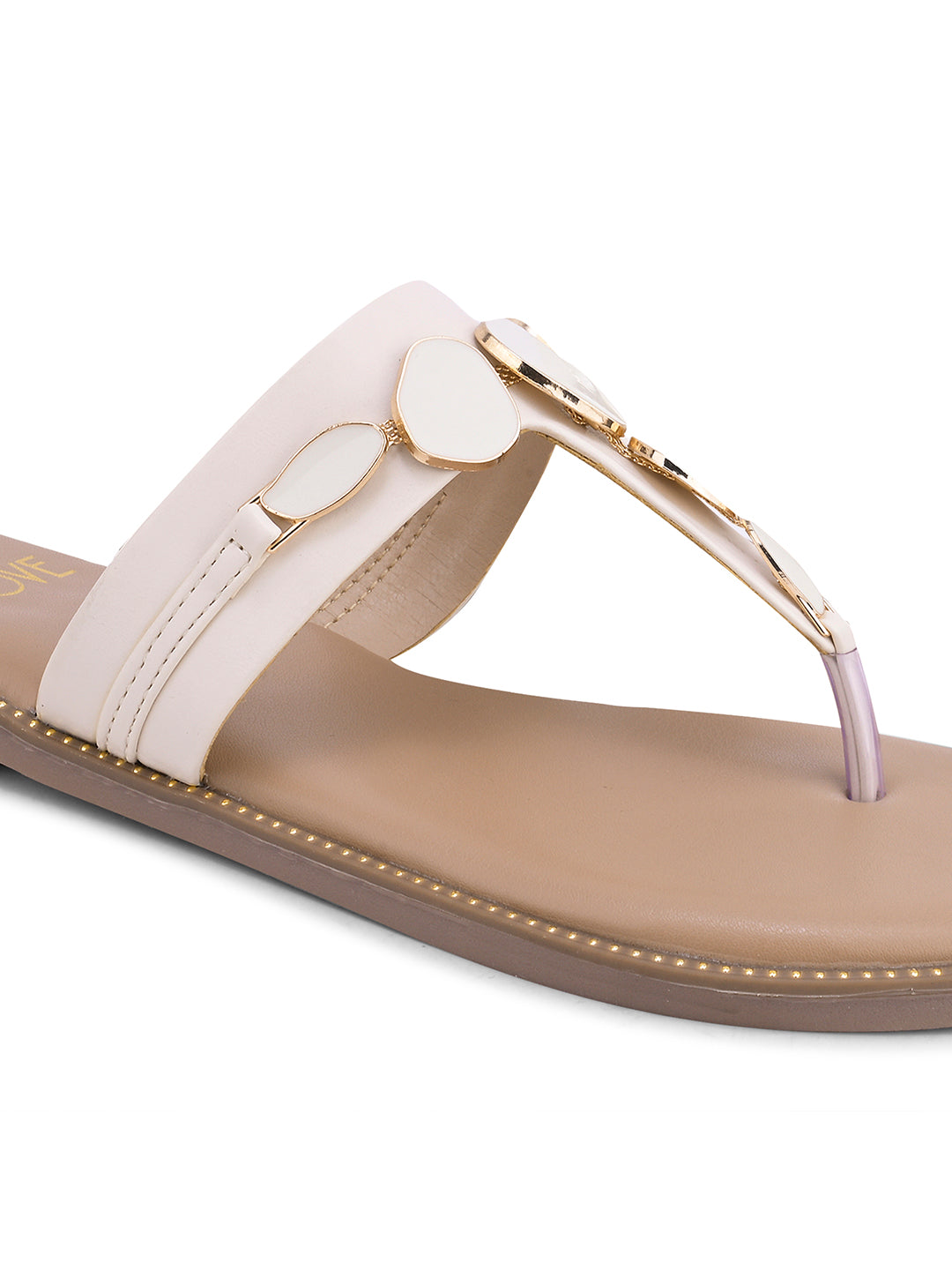Women Cream Western Embellished T-Strap Flats