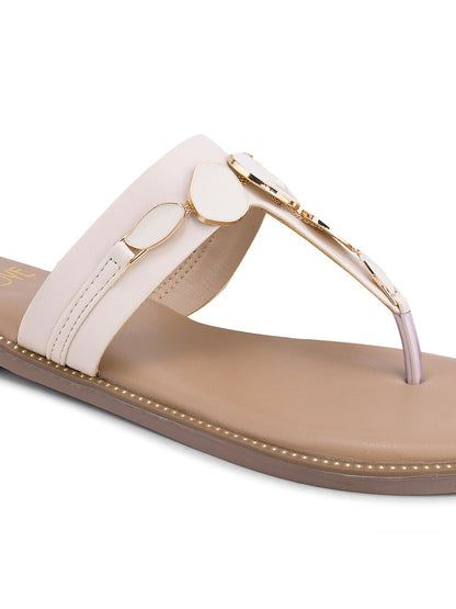 Women Cream Western Embellished T-Strap Flats