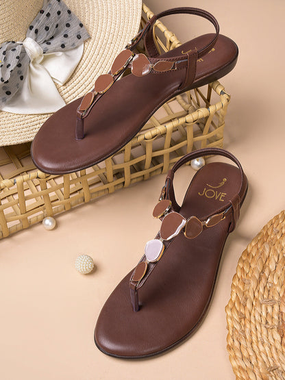 Women, Women Footwear, Brown T-Strap Flats