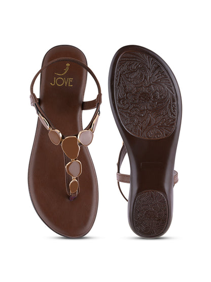 Women, Women Footwear, Brown T-Strap Flats