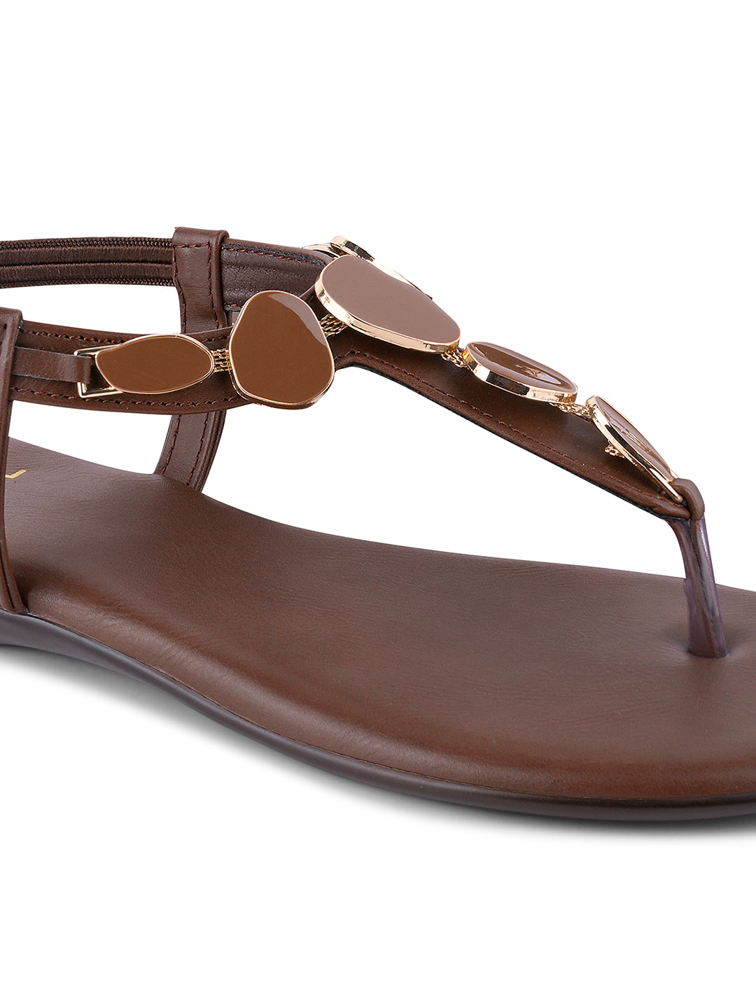 Women Brown Embellished T-Strap Flats